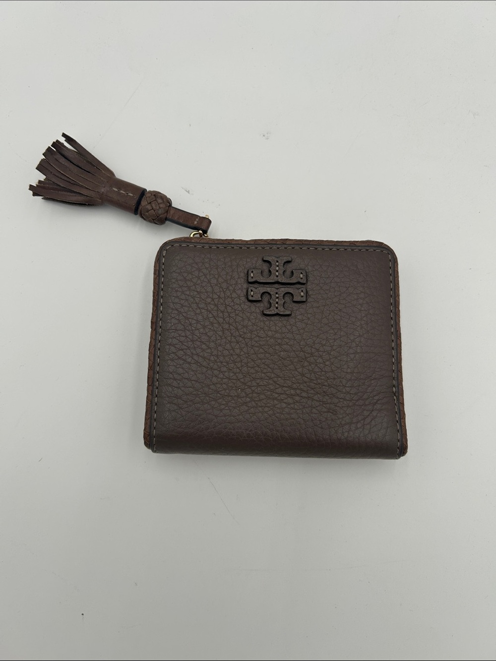 Tory Burch Dark Brown Pebbled Leather Zip Coin Wallet with Tassel